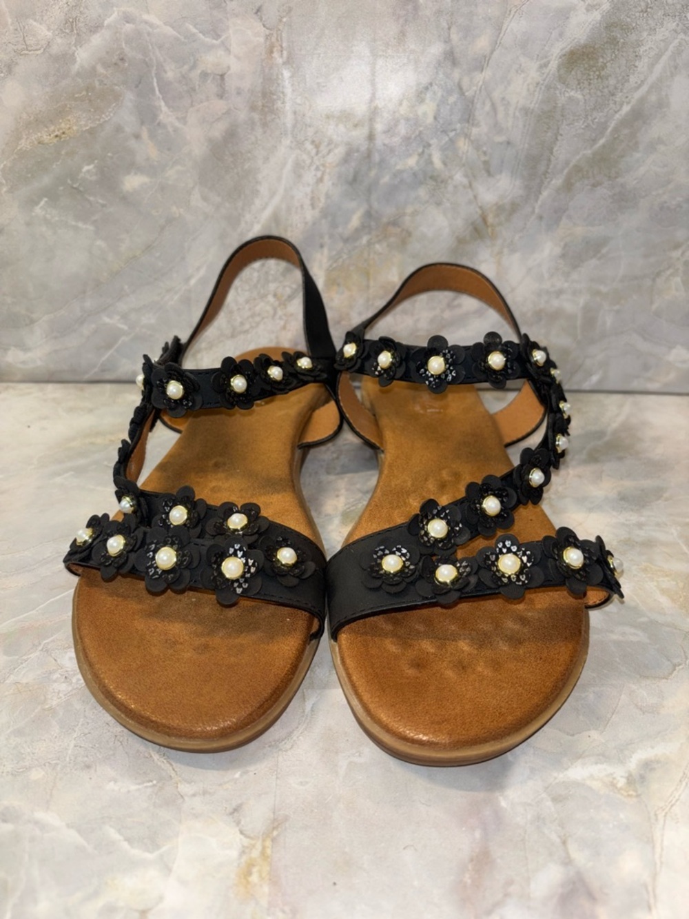Women's Black Pearl-Embellished Floral Strap Sandals
